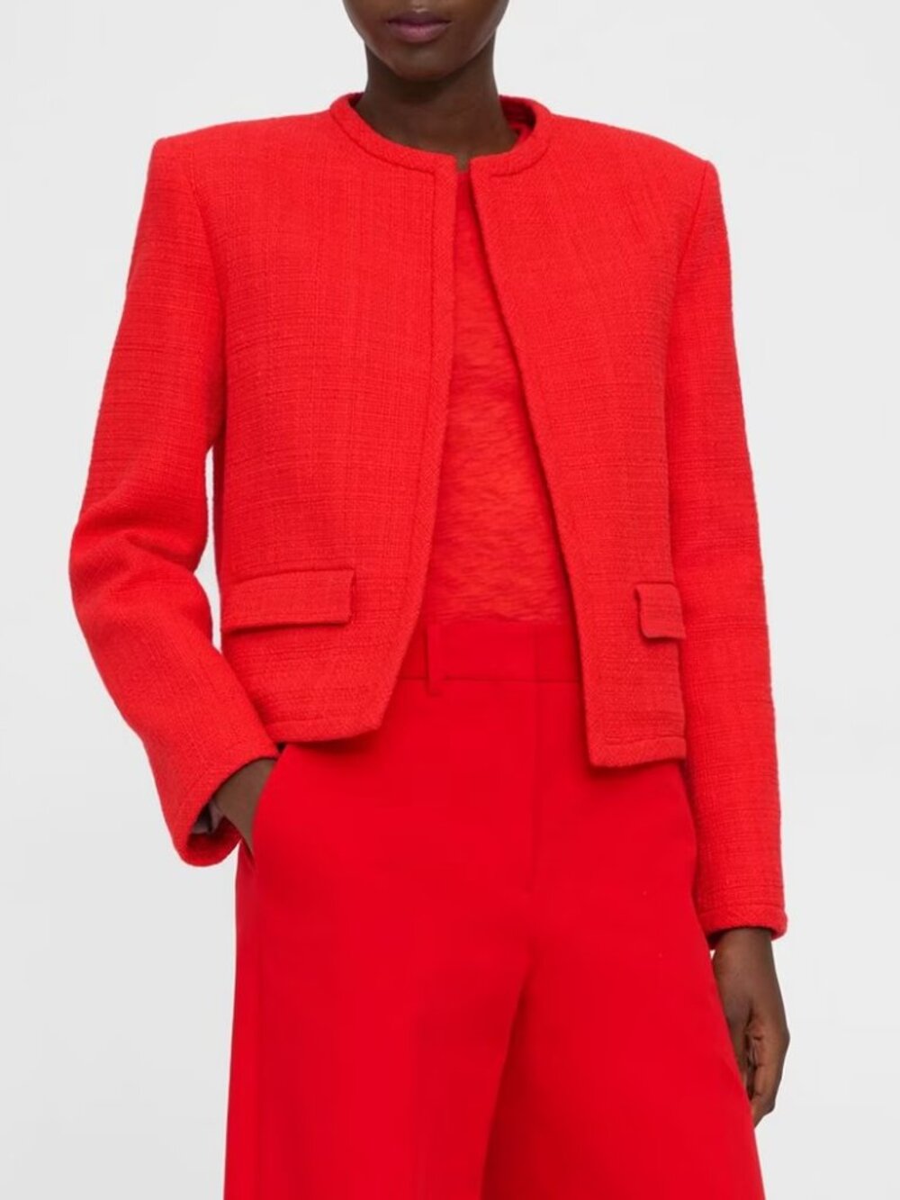 Theory Cotton Tweed Cropped Jacket Open Front Womens 0 Grenadine Red NWT